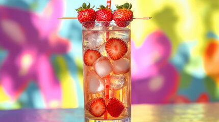 Refreshing drink with fresh strawberries and ice cubes in a tall glass against a colorful blurred background