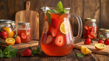 Refreshing pitcher of strawberry lemonade with mint leaves, surrounded by fresh strawberries and lemons on a wooden table