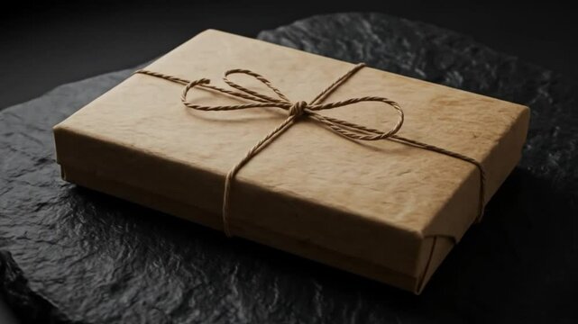 A rectangular gift wrapped in brown paper and tied with twine sitting on a dark slate surface top view