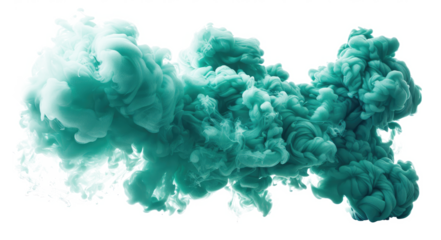 Colorful teal smoke swirl filling space with a transparent background