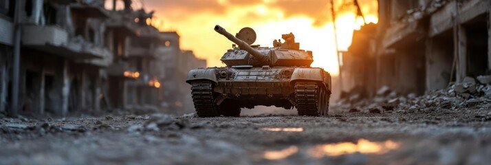 Tank Amidst Destroyed City Street During Sunset Depicting War And Conflict