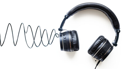 Headphones resting on transparent background with sound wave illustration representing music and audio experiences