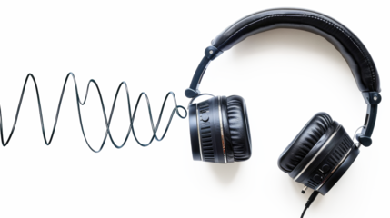 Headphones resting on transparent background with sound wave illustration representing music and audio experiences