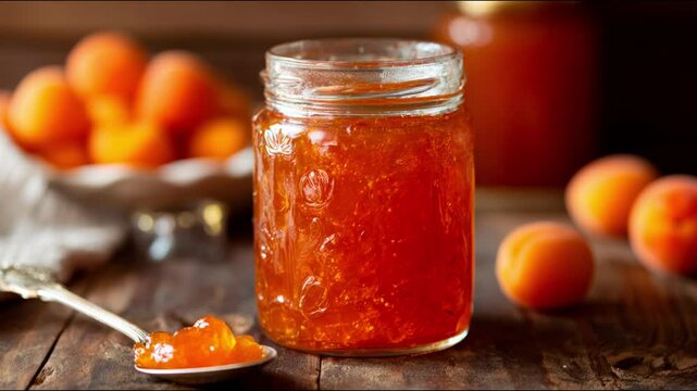 A jar of apricot jam with fresh apricots.
