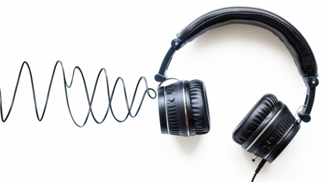 Headphones resting on transparent background with sound wave illustration representing music and audio experiences