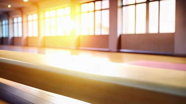 Sunlit empty gymnastics gymnasium with parallel bars and shiny wood floor, open space interior with large windows and natural light for exercise