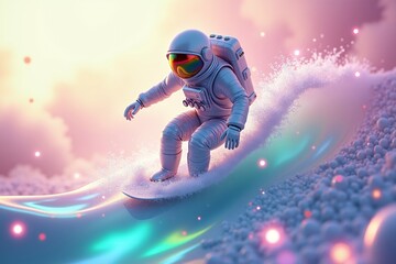 Astronaut Surfing an Iridescent Energy Wave Through Dreamy Pink Clouds with Sparkling Lights