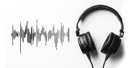 Black headphones resting beside a soundwave graphic on a transparent background showcasing an audio theme