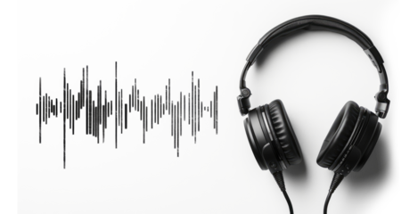 Black headphones resting beside a soundwave graphic on a transparent background showcasing an audio theme
