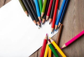 Obraz premium Vibrant colored pencils scattered on white paper atop rustic wood, table, pastel