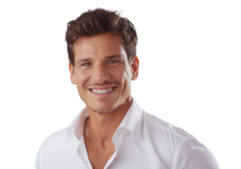 Confident young man with a friendly smile wearing a white shirt against a transparent background