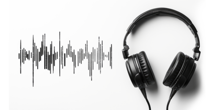 Black headphones resting beside a soundwave graphic on a transparent background showcasing an audio theme