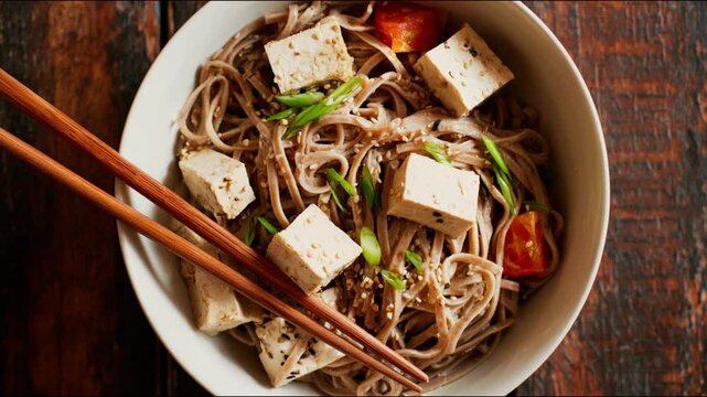 A delightful close-up of a flavorful tofu noodle bowl and chopsticks resting on a wooden surface.