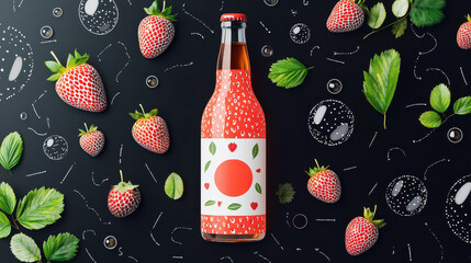Bottled beverage with playful strawberry design surrounded by fresh strawberries and green leaves on a dark background