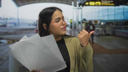 Woman with thumb proudly pointing toward airport gate while young latin hispanic passenger in terminal holds documents looking confused. - Powered by Adobe