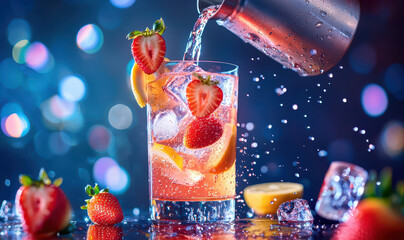 Refreshing strawberry lemonade cocktail with ice and splashing water, garnished with fresh strawberries and lemon slices