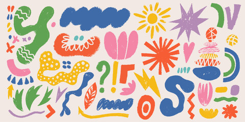 Set of crayon abstract shapes, forms. Groovy bizarre shapes in trendy crayon drawing style. Collection of vector hand drawn weird shapes with crayon, colored chalk or charcoal texture drawn manual.
