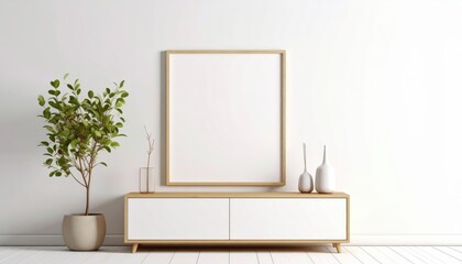 Minimalist interior with blank frame potted plant and decorative vases on a white cabinet