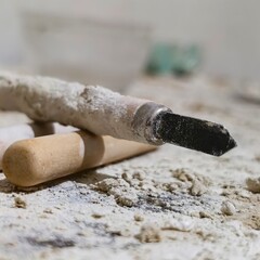 Close-up of a dusty chisel tool on a powdered surface, illustrating craftsmanship or construction processes for design, education, or industrial content.
