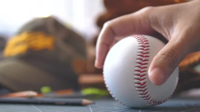 Close-up shot of a person's hand reaching to pick up a baseball 