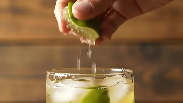 Close-up of a hand squeezing fresh lime into a refreshing cocktail glass with ice and wooden background