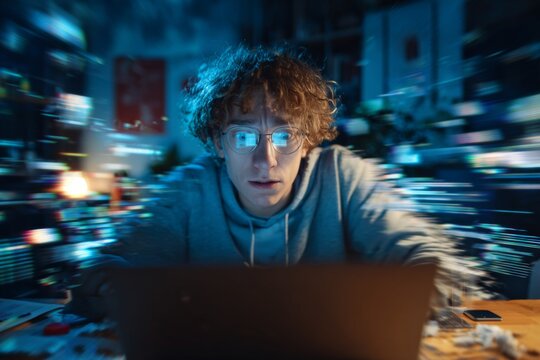 Person staring at lagging video call on laptop, frozen screen, glitch effects, frustrated expression, chaotic desk with tech stress