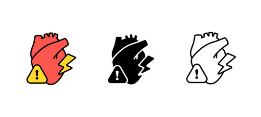 Three heart icons with warning triangles in red, black, and outline styles featuring lightning.