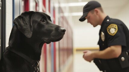 Canine drug inspection at school lockers, law enforcement officer guiding K9, daytime training,