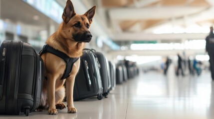 Canine unit dog sniffing row of luggage, airport security setup, professional training environment, realistic fur detail,