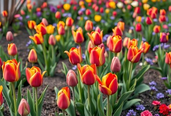 Vibrant tulips blooming in spring garden beds,  colorful,  red