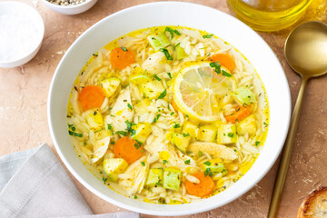 Lemon chicken orzo soup. Recipe. Italian food.