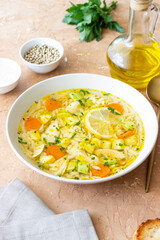 Lemon chicken orzo soup. Recipe. Italian food.