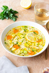 Lemon chicken orzo soup. Recipe. Italian food.