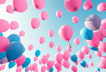 Wide panoramic view of pink and blue balloons floating in a clear sky, scenic, summer