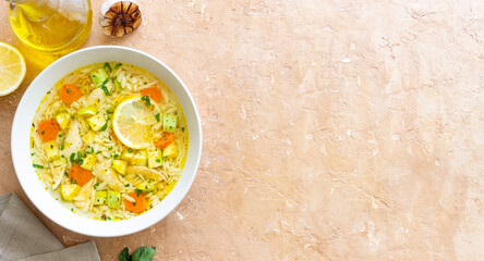 Lemon chicken orzo soup. Recipe. Italian food.