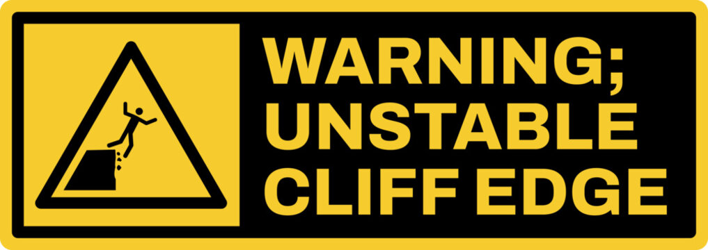 warning safety signs v3 uppercase text_warning ; unstable cliff edge landscape size 1/2 a4,a3,a2,a1	