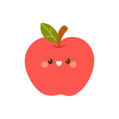 Smiling red apple vector with leaf and stem in cute, friendly style.  Use for classroom art, food icons, and fun fruit-themed graphics.