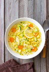 Lemon chicken orzo soup. Recipe. Italian food.
