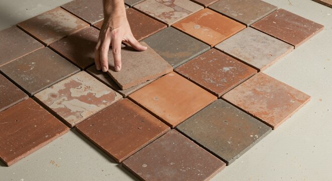 Man's hand carefully laying rustic terracotta floor tiles. Home improvement project with natural clay paving stones. Interior design and construction work.