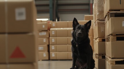 Drug detection dog demonstrating alert behavior next to suspicious package, controlled training zone,