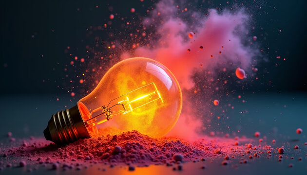 Vibrant Light Bulb with Colorful Smoke Explosion on Dark Surface