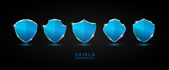 Set glass shield blue translucent empty aluminum frame shiny modern 3D isolated on dark background. For text or logo. Protected guard privacy concept. Safety badge. Vector EPS10 illustration.