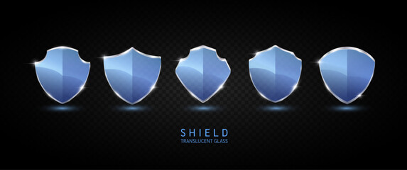 Set glass shield blue translucent empty aluminum frame shiny modern 3D isolated on dark background. For text or logo. Protected guard privacy concept. Safety badge. Vector EPS10 illustration.