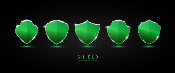 Set glass shield green translucent empty aluminum frame shiny modern 3D isolated on dark background. For text or logo. Protected guard privacy concept. Safety badge. Vector EPS10 illustration.