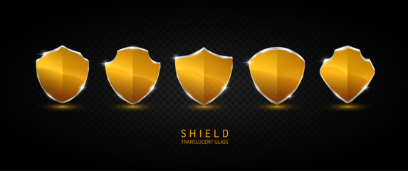 Set glass shield orange translucent empty aluminum frame shiny modern 3D isolated on dark background. For text or logo. Protected guard privacy concept. Safety badge. Vector EPS10 illustration.