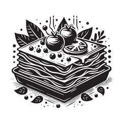 Delicious Lasagna with Tomatoes and Herbs - Black and White Illustration