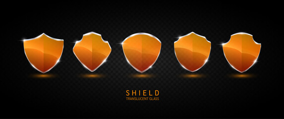 Set glass shield orange translucent empty aluminum frame shiny modern 3D isolated on dark background. For text or logo. Protected guard privacy concept. Safety badge. Vector EPS10 illustration.