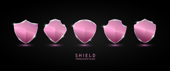 Set glass shield pink translucent empty aluminum frame shiny modern 3D isolated on dark background. For text or logo. Protected guard privacy concept. Safety badge. Vector EPS10 illustration.
