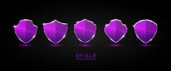 Set glass shield purple translucent empty aluminum frame shiny modern 3D isolated on dark background. For text or logo. Protected guard privacy concept. Safety badge. Vector EPS10 illustration.