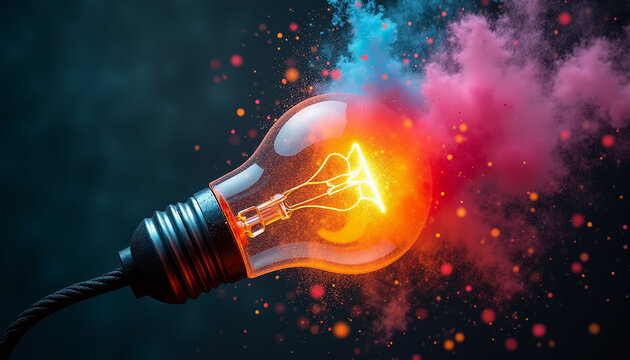 Glowing Light Bulb Surrounded by Colorful Smoke Burst Effect